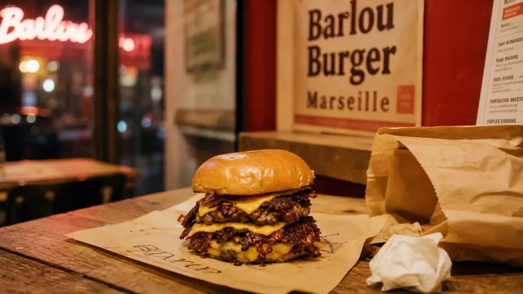 barlou burger marseille : burger smash 3 étages sur table à Marseille