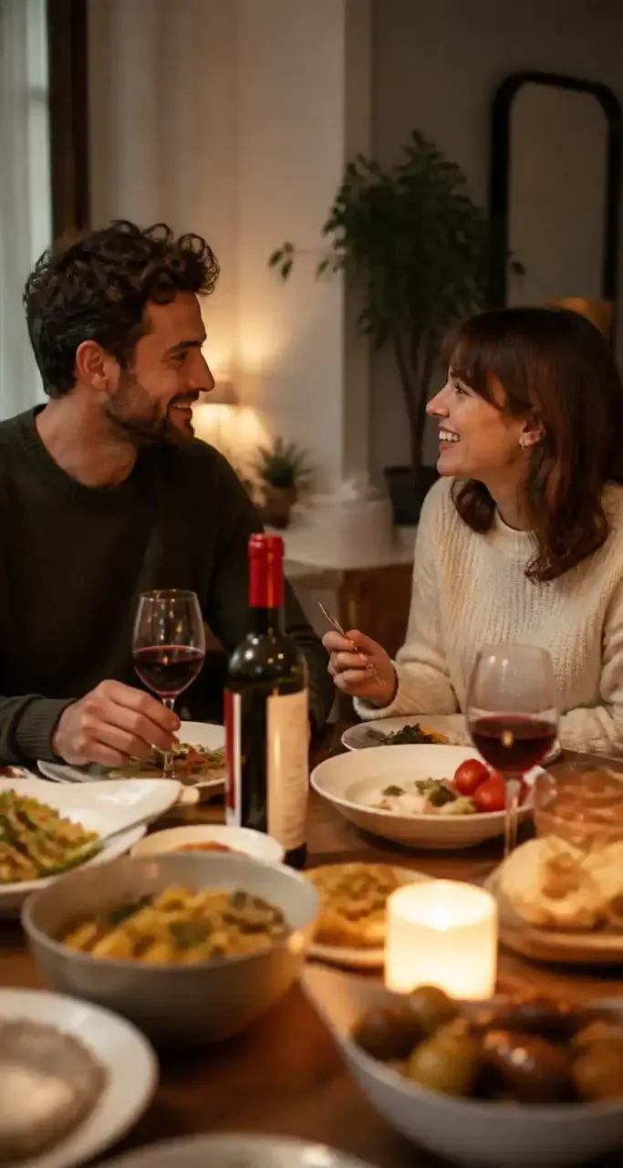 Deux convives partageant un repas et un verre de vin rouge autour d'une table