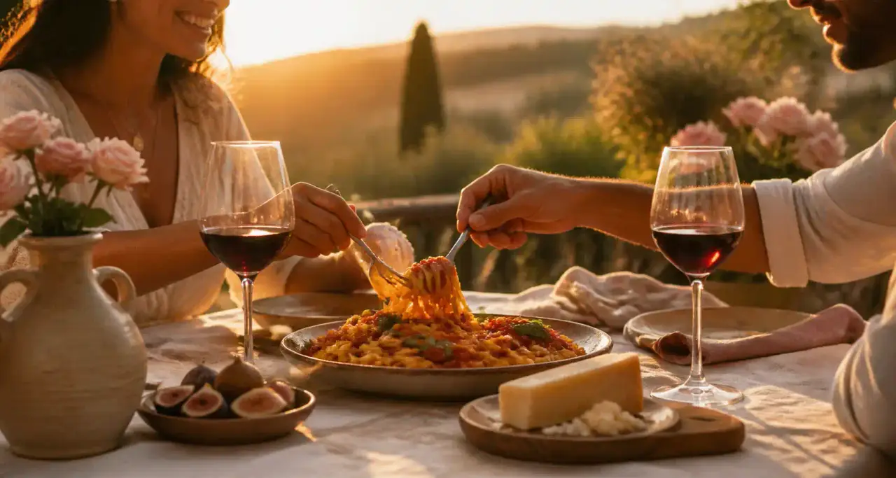 Table italienne conviviale au coucher du soleil, pâtes fraîches partagées, verres de vin rouge et roses poudrées