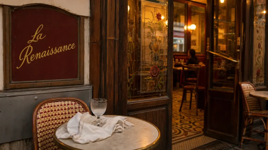 La renaissance paris 18 : bistrot 1904, table et verre à pied en terrasse