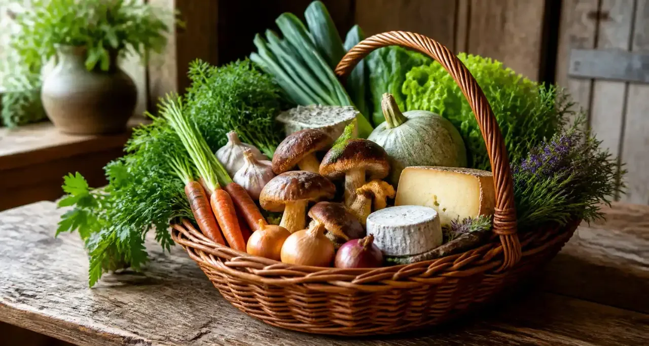 Panier de légumes de terroir et fromages artisanaux sur un bois rustique