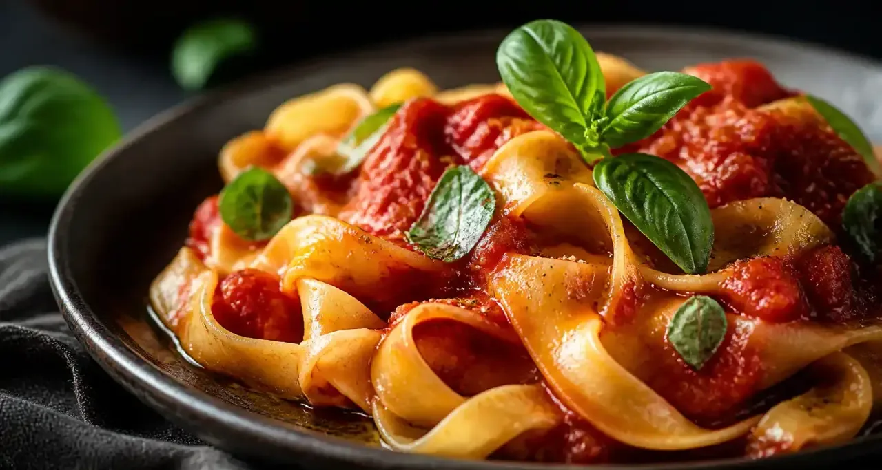Pâtes fraîches maison à la sauce tomate et basilic en gros plan