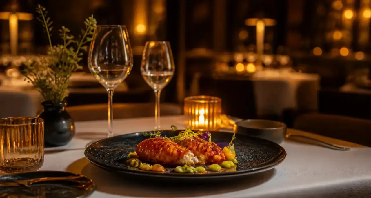 Table de restaurant gastronomique élégante sous une lumière dorée