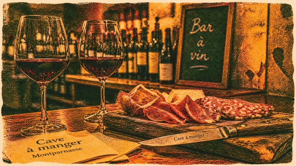 Bar à vin paris montparnasse : comptoir avec vin rouge et planche charcuteries