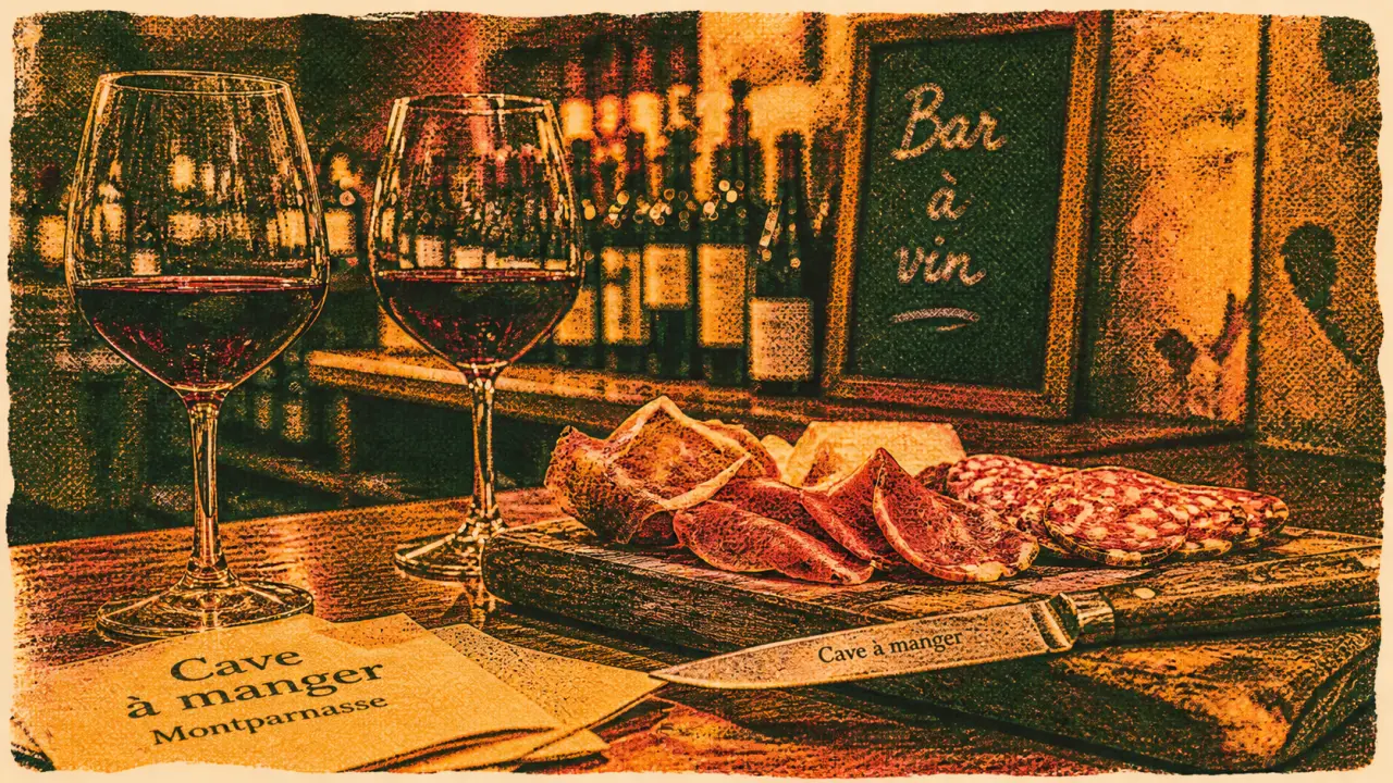 Bar à vin paris montparnasse : comptoir avec vin rouge et planche charcuteries