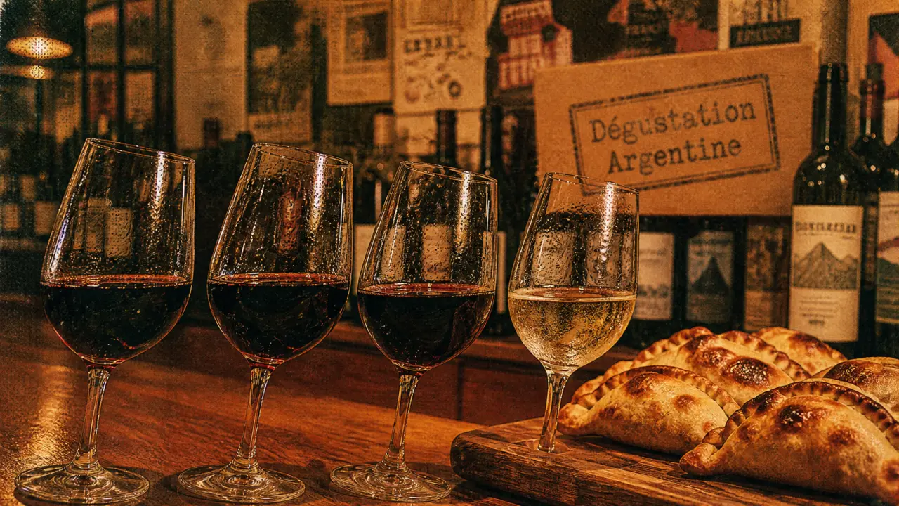 Dégustation vin argentin paris : Malbec rouge et Torrontés blanc, verres et empanadas
