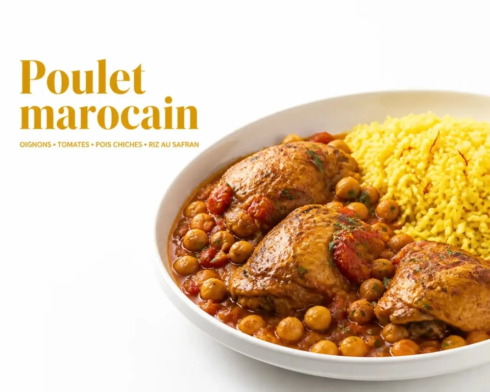 Recette au poulet marocain servie avec riz au safran, pois chiches et sauce aux oignons