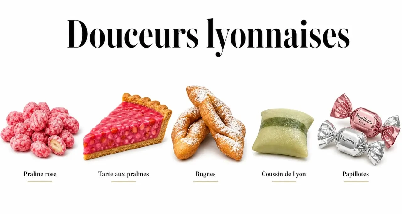 Spécialité lyonnaise sucré : comparaison visuelle de la praline rose, de la tarte aux pralines, des bugnes, du coussin de Lyon et des papillotes