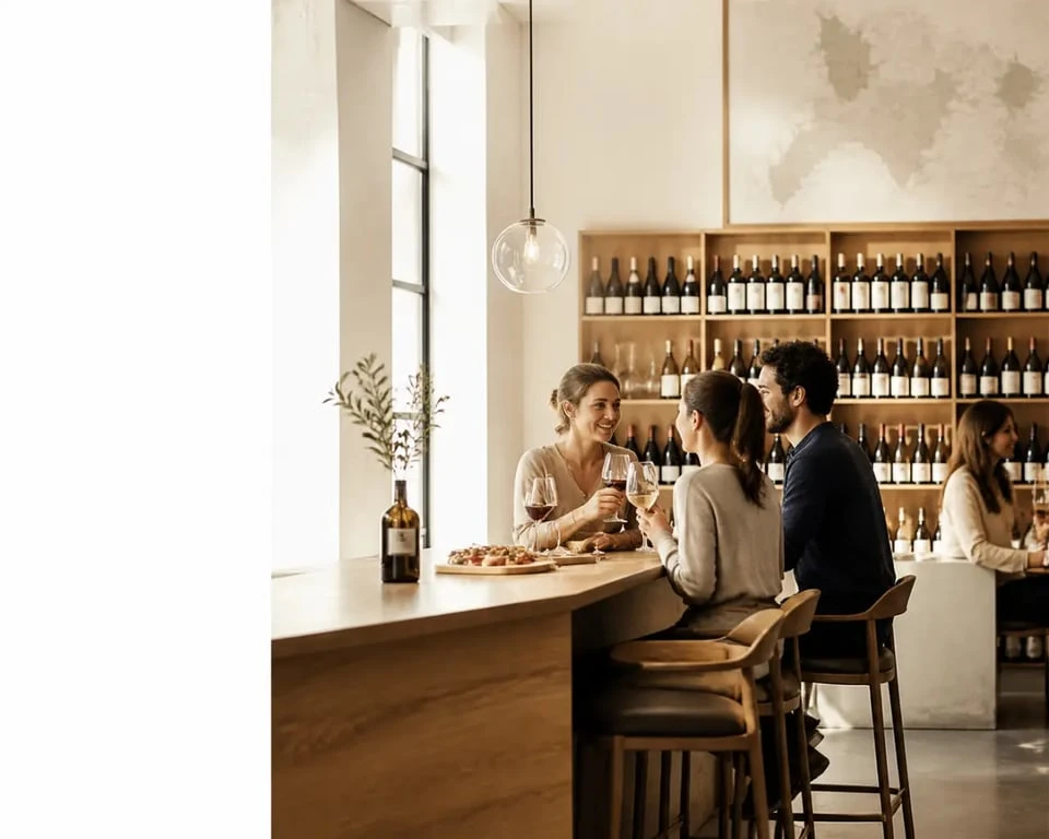 Bamboche bar à vin et cave, ambiance conviviale avec bouteilles de vin, verres et tapas en salle
