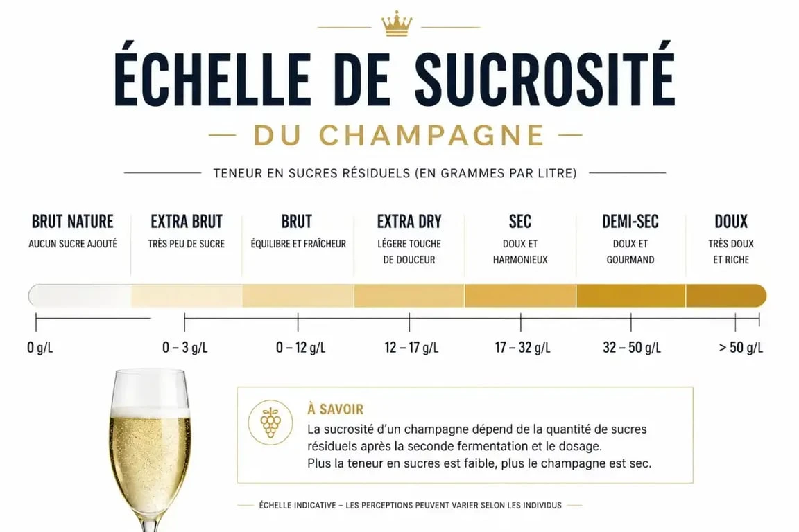 Échelle de sucrosité du champagne : différence entre brut et demi-sec en grammes par litre