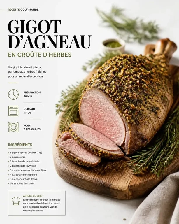 Gigot d'agneau en croûte d'herbes accompagné d'un verre de vin rouge pour un accord mets et vins réussi