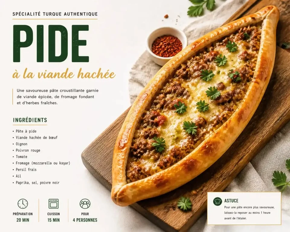 Pide turc traditionnel au fromage et à la viande hachée, une spécialité incontournable dans un restaurant turc du 95