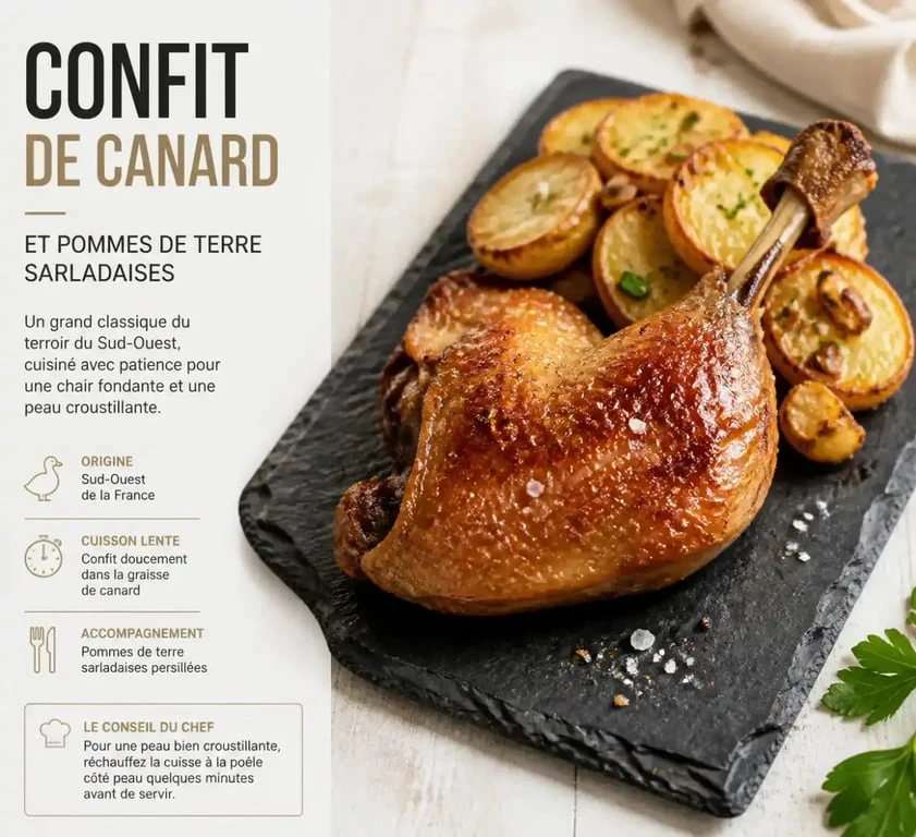 Confit de canard et pommes de terre sarladaises, le plat idéal pour accompagner un vin rouge