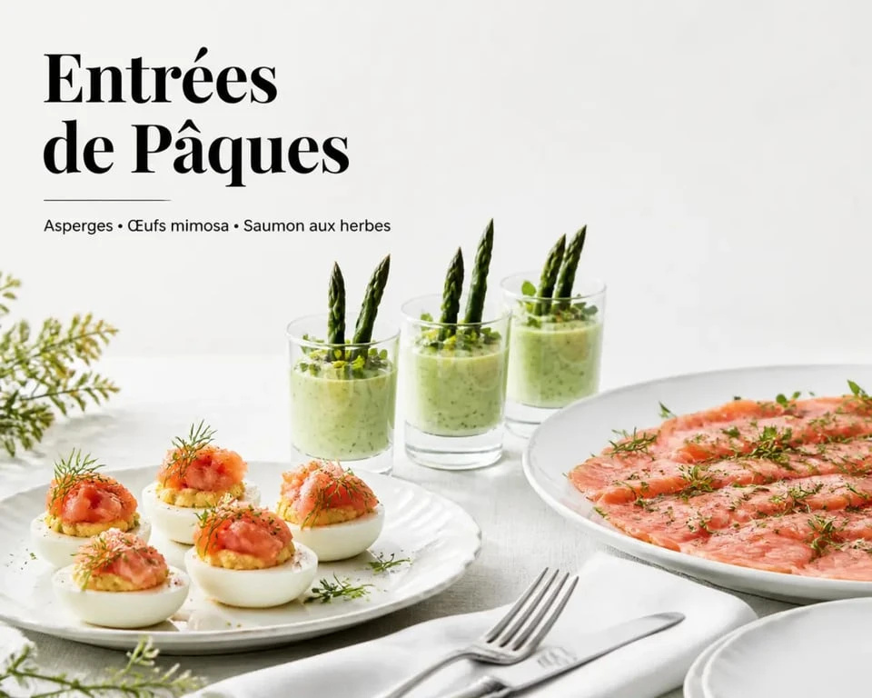 Inspiration entrée Pâques gastronomique avec plusieurs idées d'entrées printanières raffinées