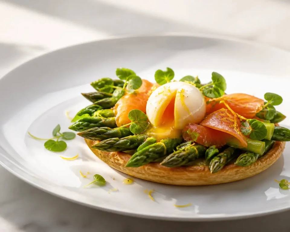 Entrée Pâques gastronomique : tartelette fine aux asperges, œuf mollet et saumon fumé