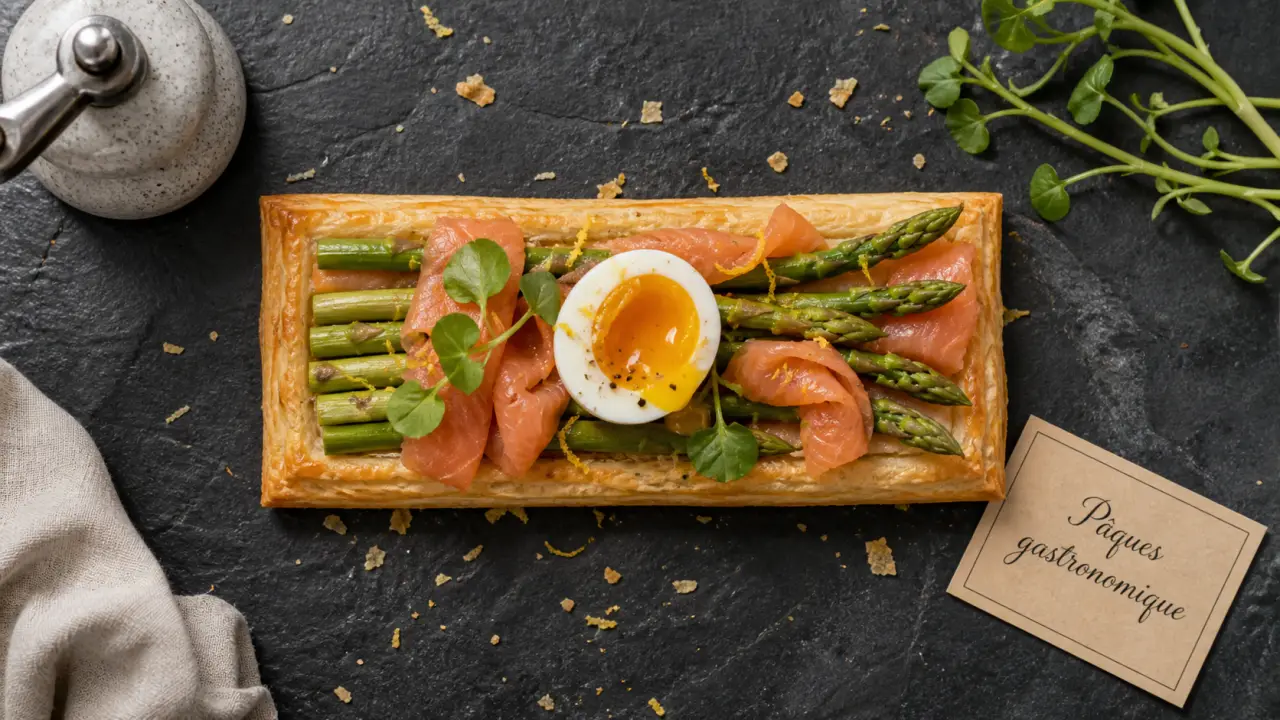 Entrée pâques gastronomique : tartelette asperges Saint-Jacques, saumon et œuf mollet