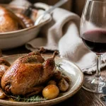 Quel vin servir avec des cailles : caille rôtie et verre de Pinot Noir