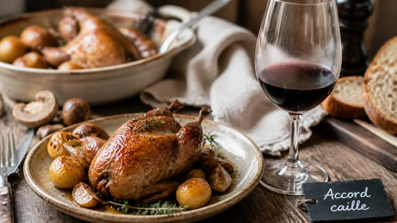 Quel vin servir avec des cailles : caille rôtie et verre de Pinot Noir