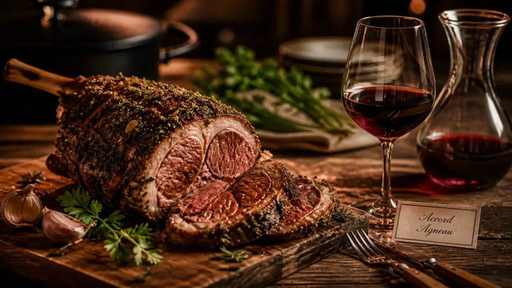 Quel vin servir avec le gigot d'agneau : verre de Bordeaux rouge avec gigot rôti