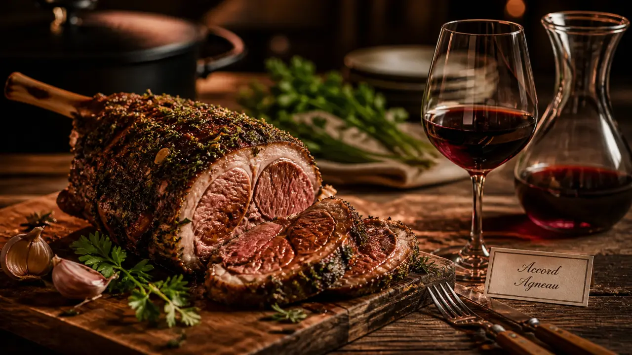Quel vin servir avec le gigot d'agneau : verre de Bordeaux rouge avec gigot rôti