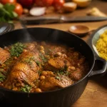 Recette au poulet marocain mijoté en cocotte avec riz safrané et pois chiches