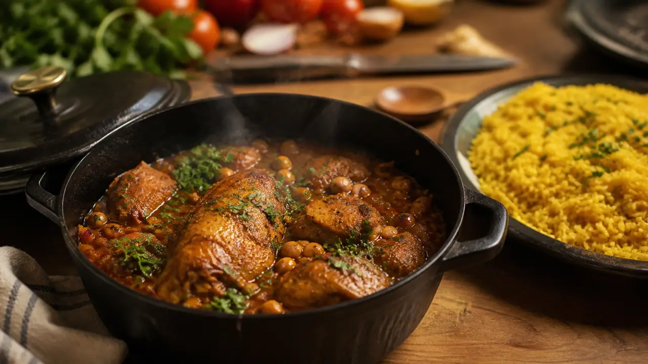 Recette au poulet marocain mijoté en cocotte avec riz safrané et pois chiches