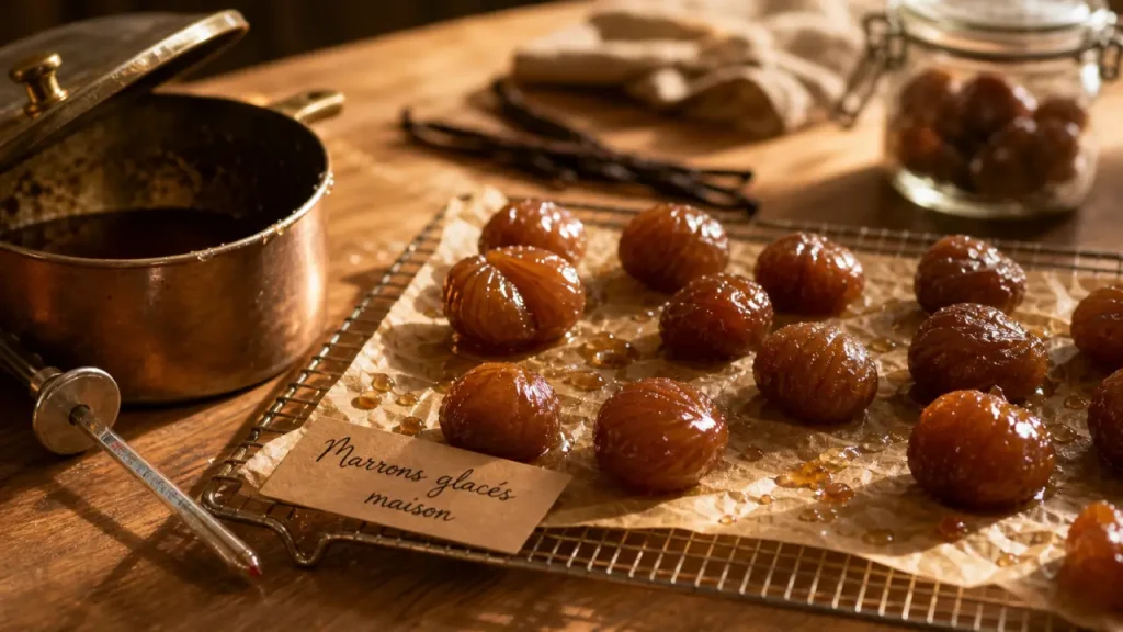 Recettes des marrons glacés : marrons glacés brillants sans casse sur grille de séchage