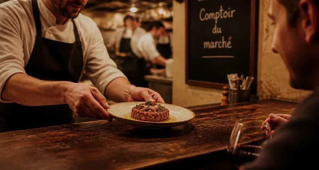 Restaurant comptoir cuisine bordeaux : chef dépose un tartare au comptoir