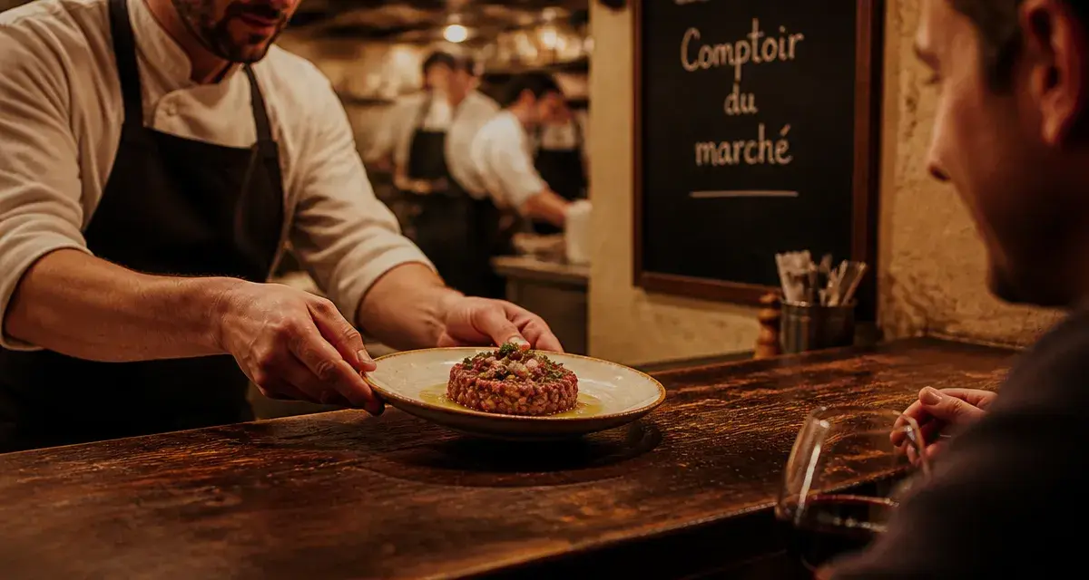 Restaurant comptoir cuisine bordeaux : chef dépose un tartare au comptoir