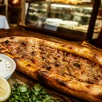 Restaurant turc 95 : pide au four, table en bois, yaourt et citron