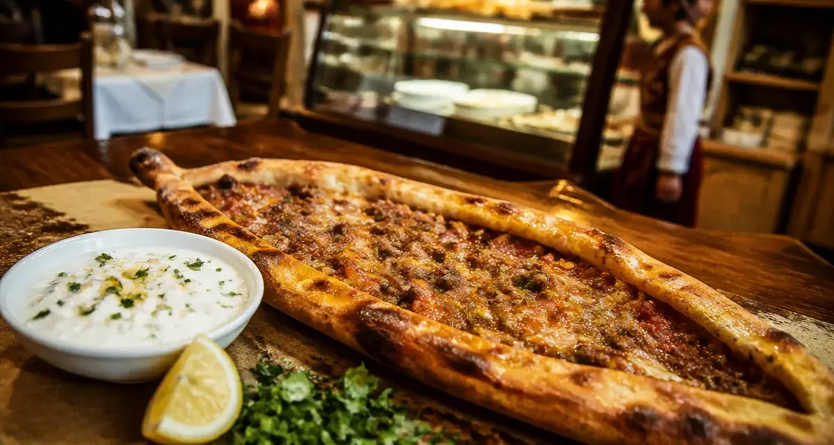 Restaurant turc 95 : pide au four, table en bois, yaourt et citron