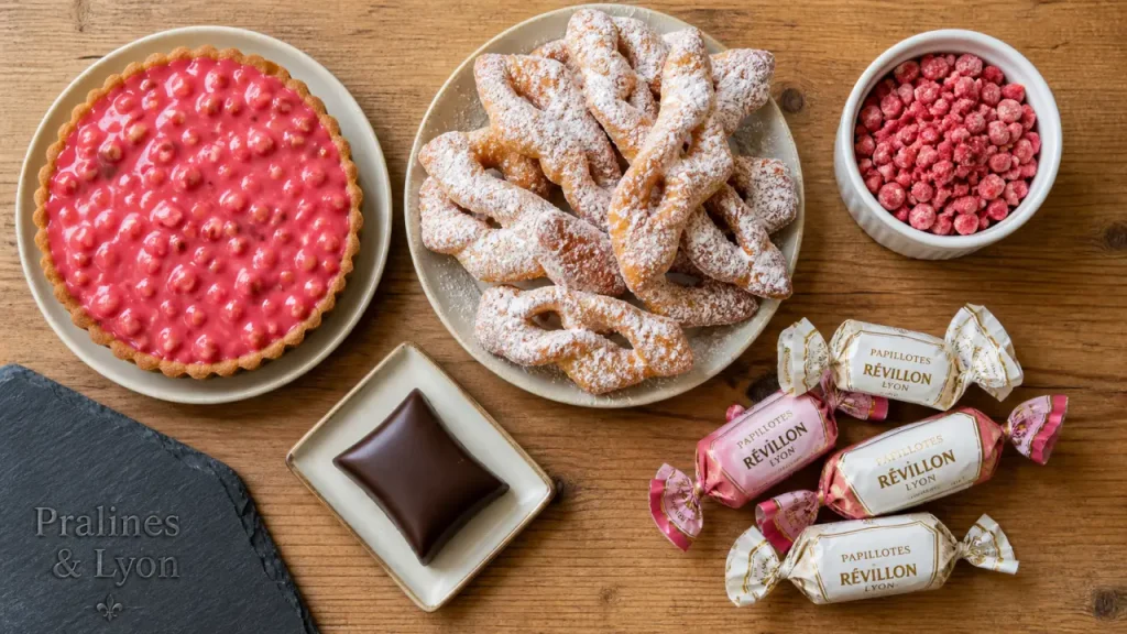 Spécialité lyonnaise sucré : pralines rose, bugnes et coussin de Lyon