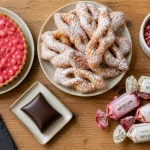 Spécialité lyonnaise sucré : pralines rose, bugnes et coussin de Lyon