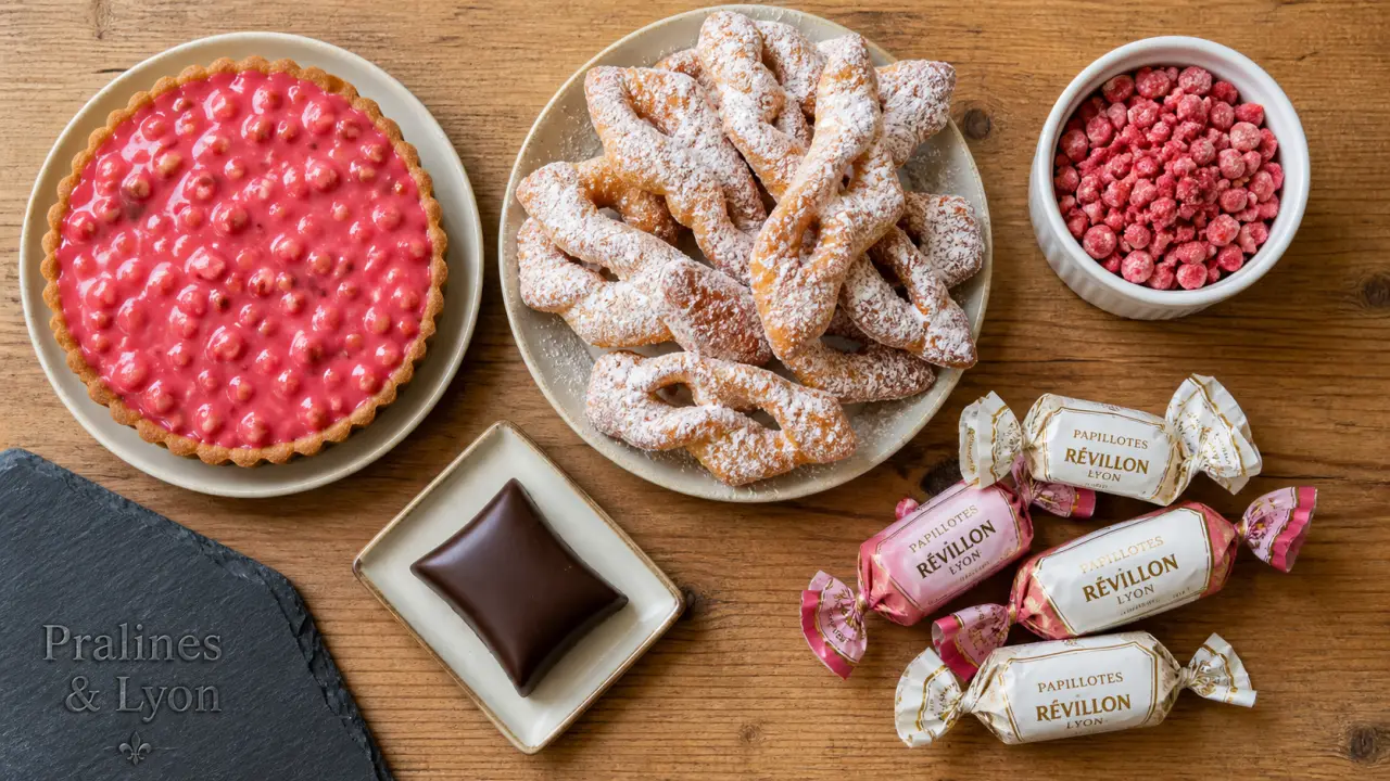 Spécialité lyonnaise sucré : pralines rose, bugnes et coussin de Lyon