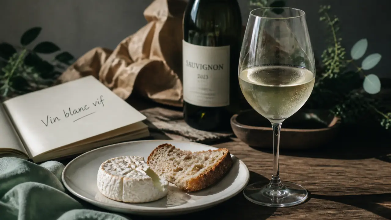 Vin avec fromage de chèvre : vin blanc vif et crottin de chèvre sur table