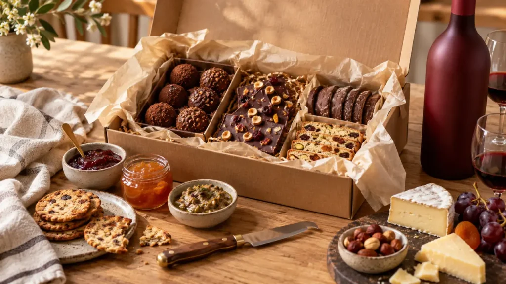 Coffret cadeau gastronomique gourmand sur table en bois, confiture et vin
