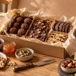 Coffret cadeau gastronomique gourmand sur table en bois, confiture et vin
