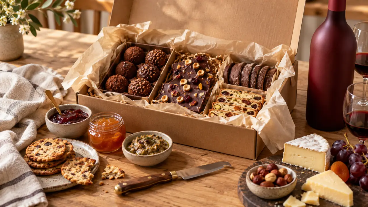Coffret cadeau gastronomique gourmand sur table en bois, confiture et vin