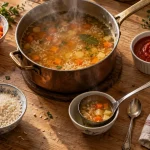 Comment rattraper un plat trop salé : casserole, louche et ingrédients pour dilution, rinçage et rééquilibrage du sel