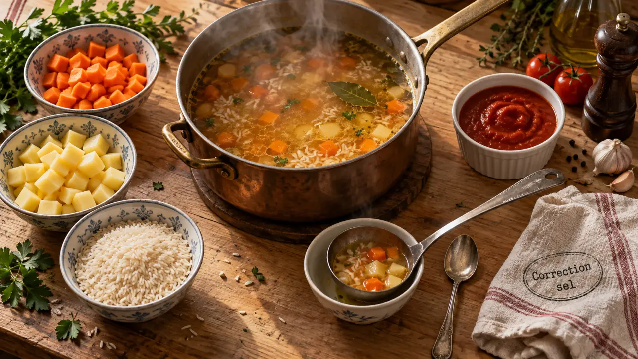 Comment rattraper un plat trop salé : casserole, louche et ingrédients pour dilution, rinçage et rééquilibrage du sel