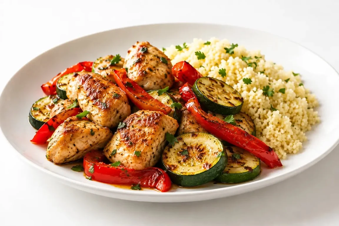 Recette à la poêle de poulet, légumes et semoule servie dans une assiette