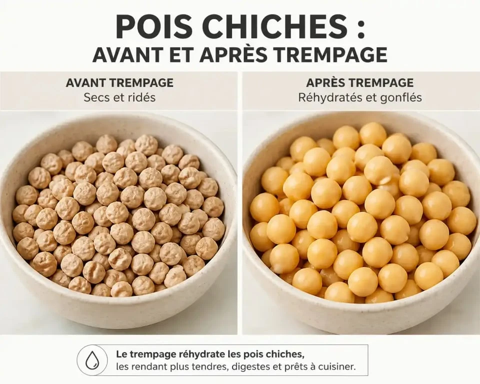 Comparaison visuelle entre pois chiches secs et pois chiches après trempage pour la préparation pois chiche