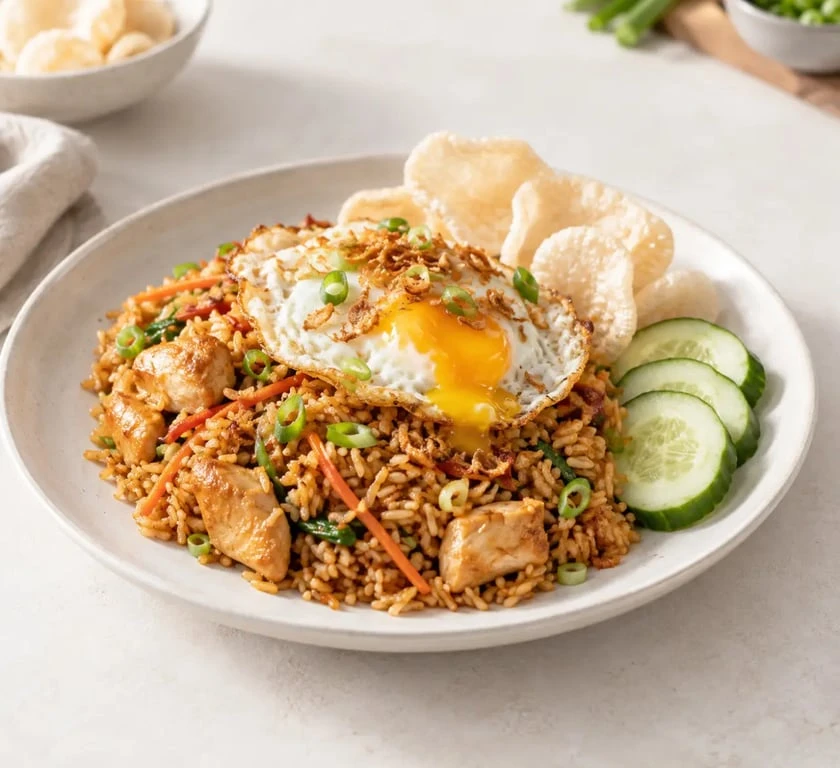 Plat indonésien nasi goreng maison avec œuf, poulet, krupuk et concombre