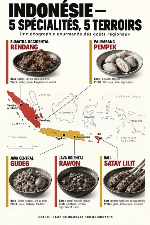 Plat indonésien : spécialités régionales comme le rendang, le gudeg, le rawon, le pempek et le satay lilit