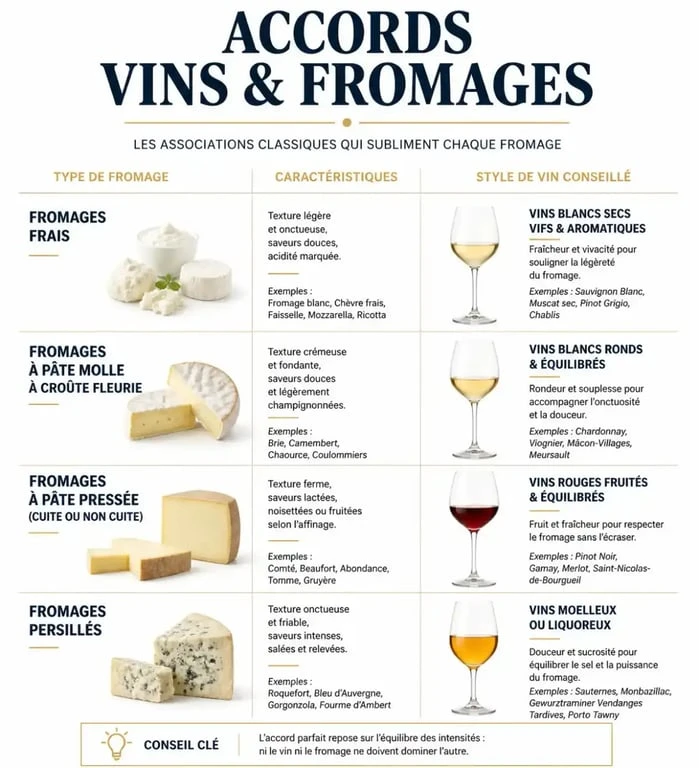 Tableau des accords vins et fromages pour un apéritif