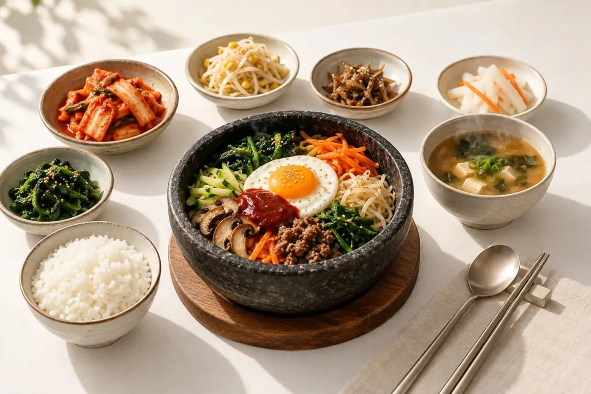 Repas coréen complet avec riz, soupe, kimchi et banchan servis à table