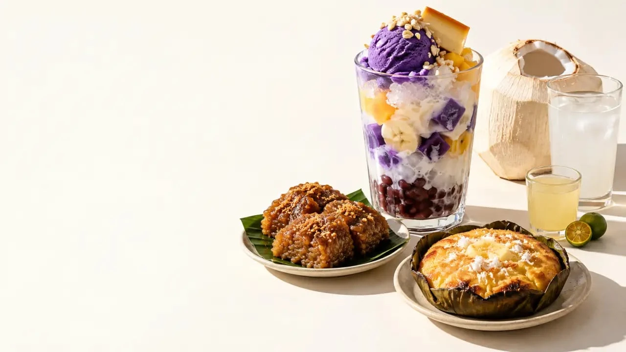 Desserts et boissons de la nourriture des Philippines avec halo-halo, biko et jus de buko