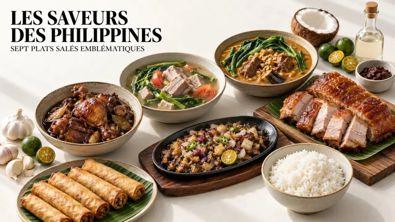 Nourriture des Philippines avec adobo, sinigang, kare-kare, lechon et lumpia