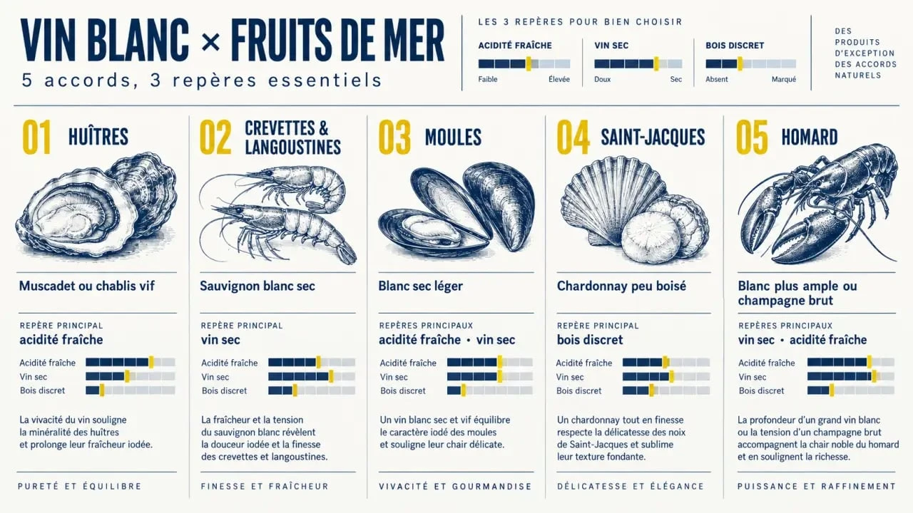 Accords vin blanc fruits de mer selon les coquillages, crustacés et sauces