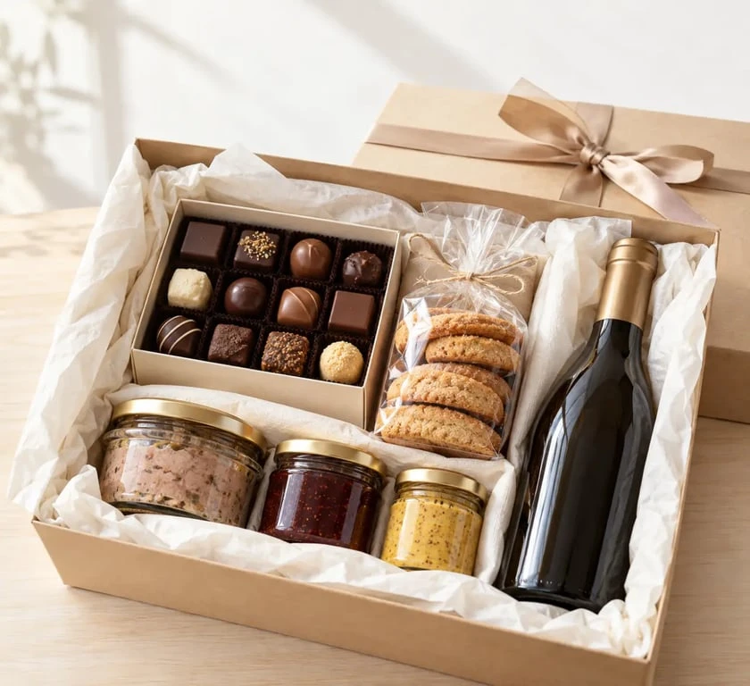 Coffret cadeau gastronomique sucré-salé ouvert avec produits du terroir français